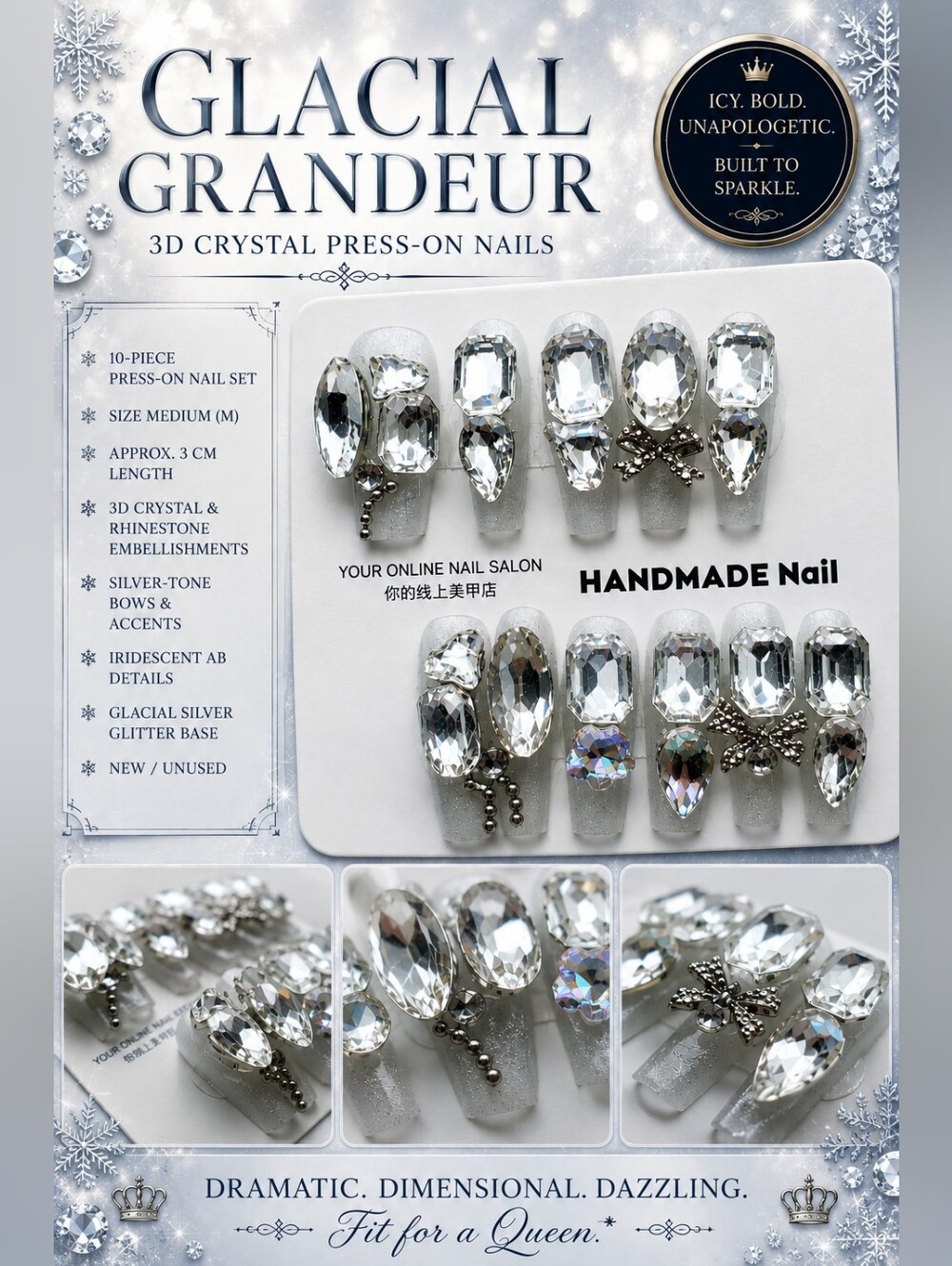 ❄️ Glacial Grandeur | 3D Crystal Press-On Nails